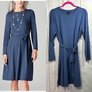 J. Jill Wearever Collection Blue Long Sleeve Belted Dress Minimalist Travel Wear